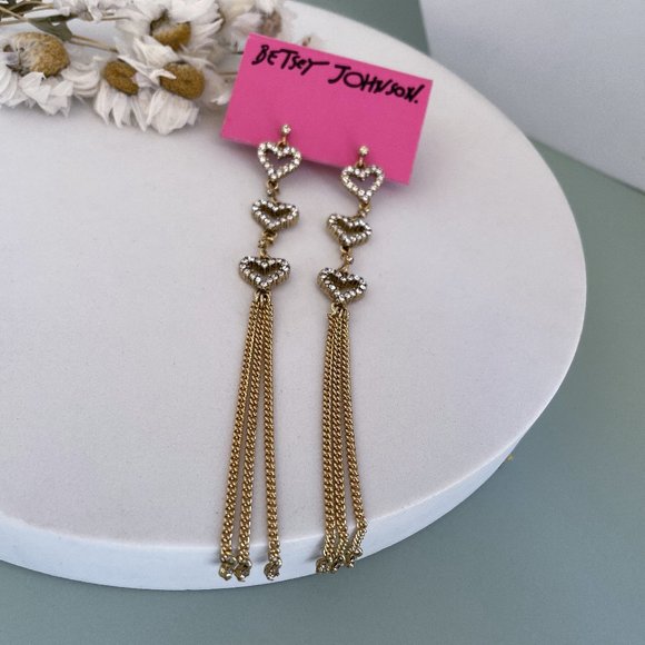 Betsey Johnson Crystal Bow Long Tassel Earrings - Picture 3 of 5